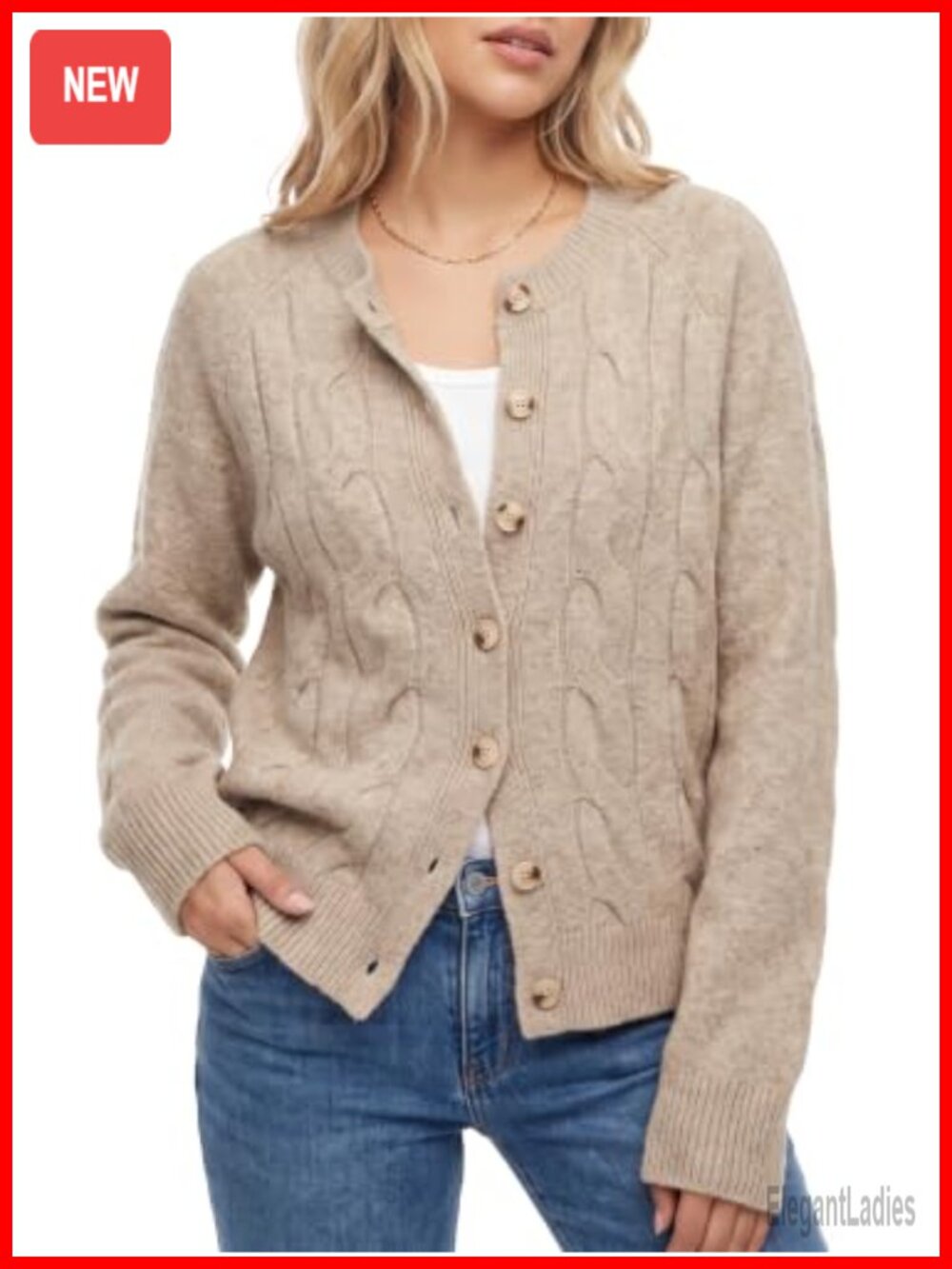 Womens Cable Knit Cardigan Crewneck Button Up Chunky Sweater Loose Fit